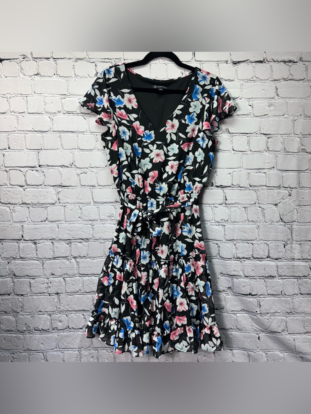 INC International Concepts V-Neck Ruffle Hem Dress Hibiscus Floral Print Size 10